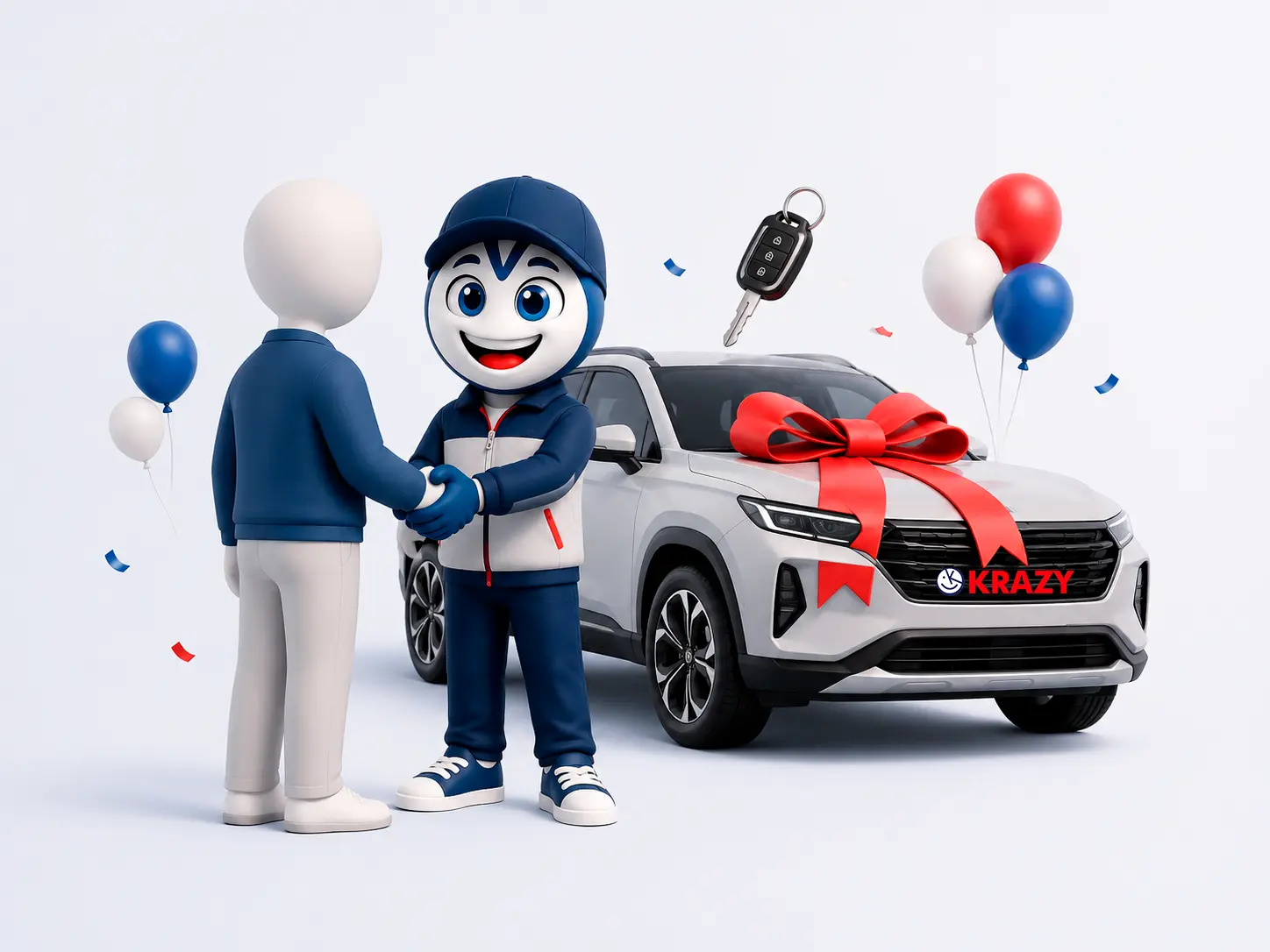 OKrazy mascot celebrating with a new vehicle